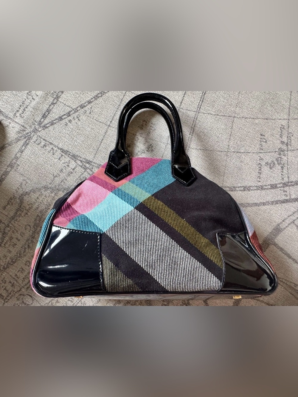 RARE Vivienne Westwood VINTAGE Plaid Canvas Handbag w Black Patent Trim - Picture 3 of 10